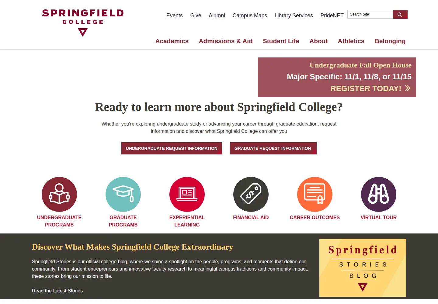 Captured homepage of springfieldcollege.edu in the current scan
