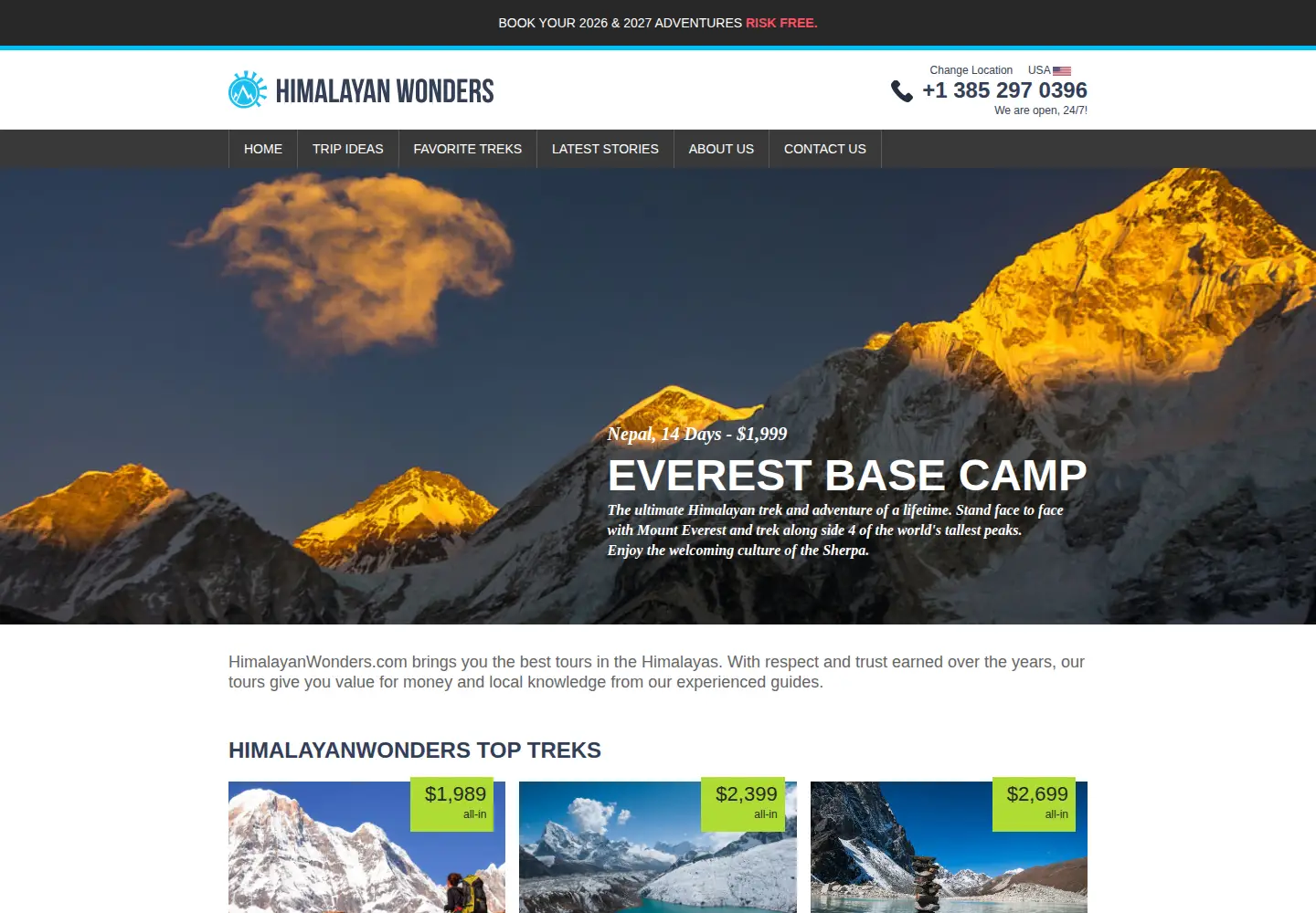 Screenshot of himalayanwonders.com