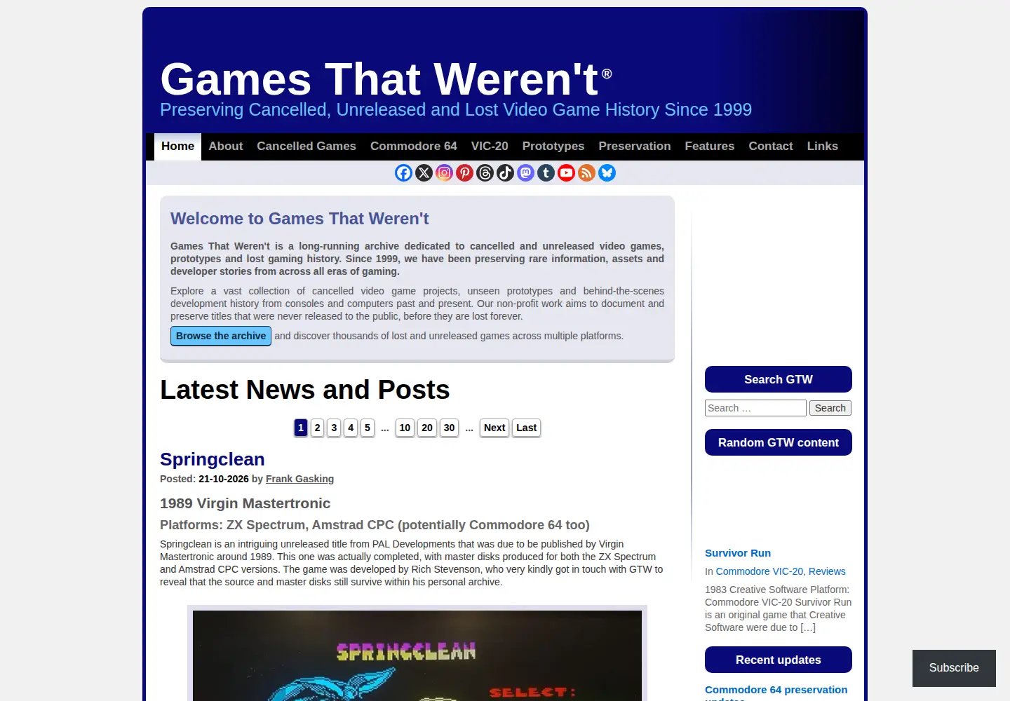 Captured homepage of gamesthatwerent.com in the current scan