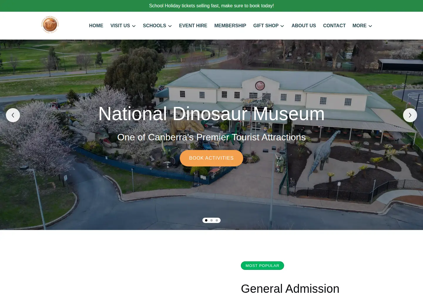 Captured homepage of nationaldinosaurmuseum.com.au in the current scan