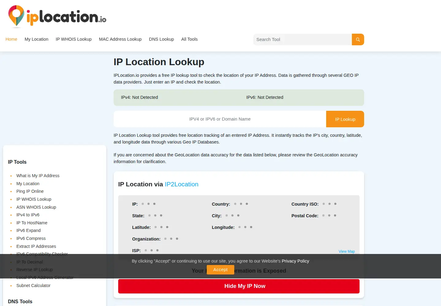Screenshot of iplocation.io