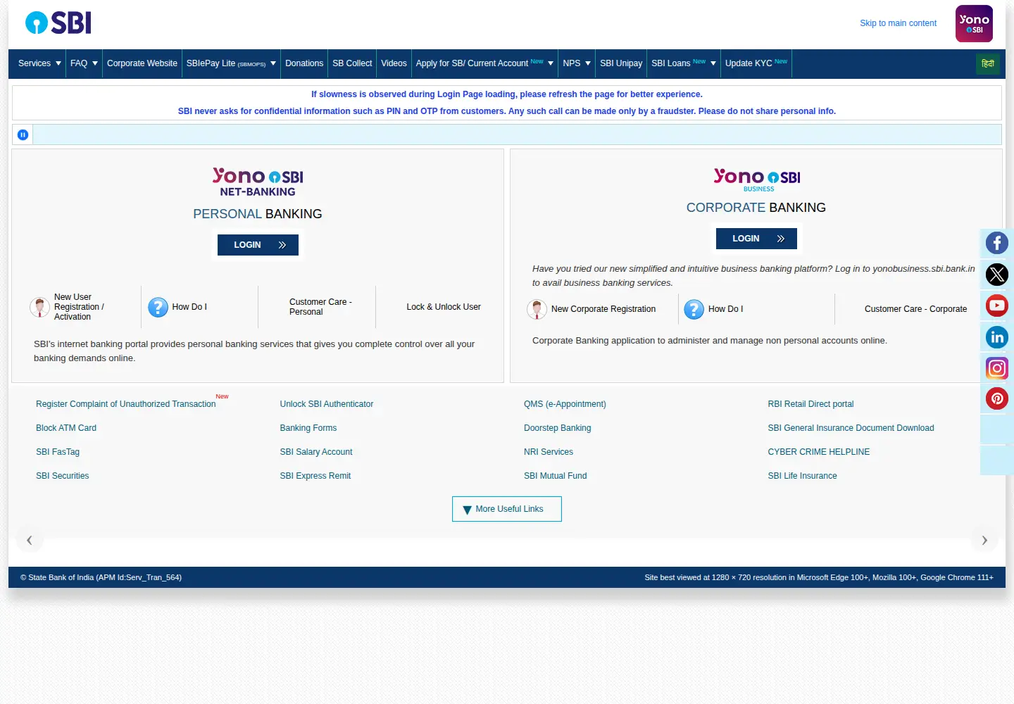 Captured homepage of onlinesbi.sbi in the current scan