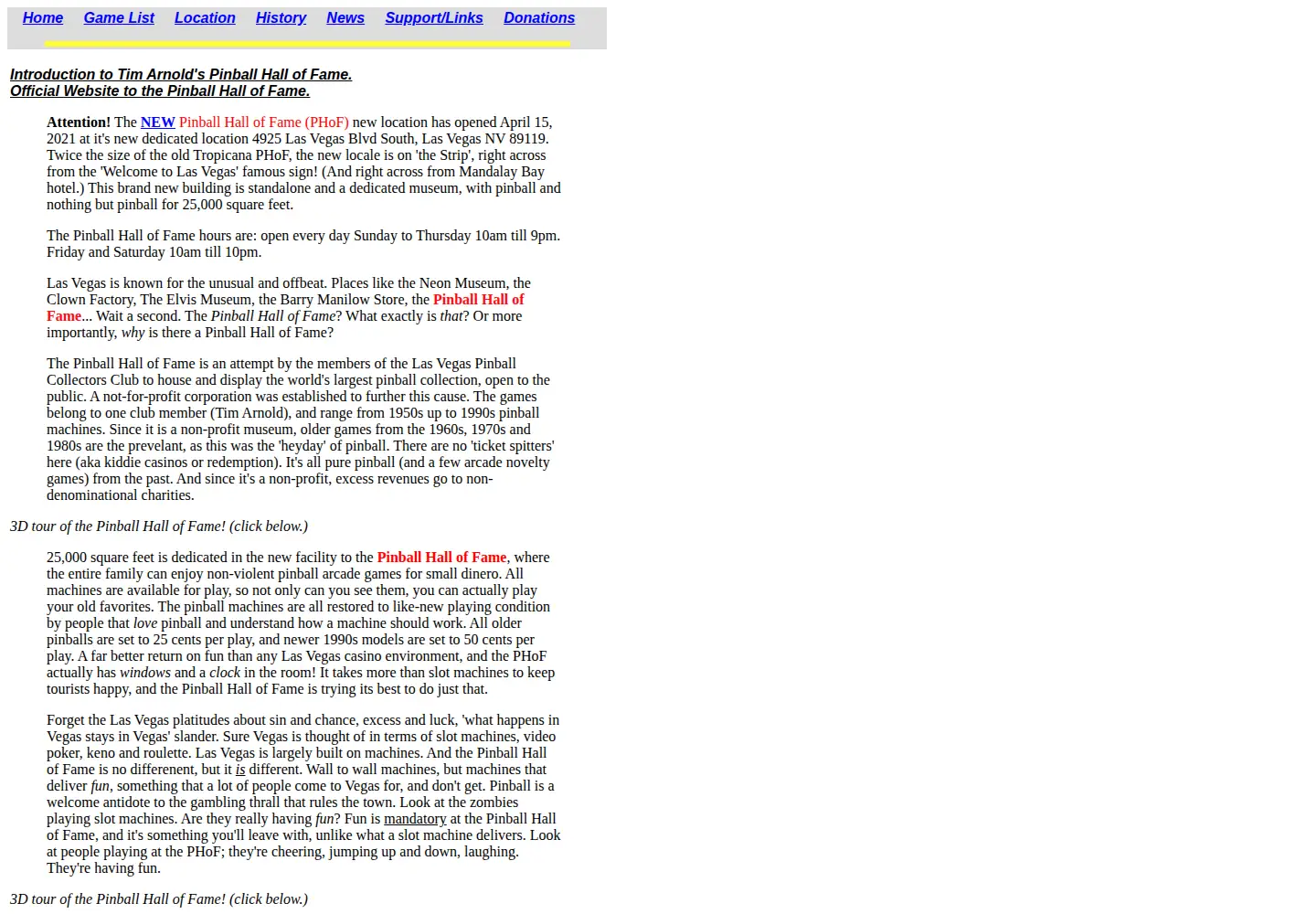 Captured homepage of pinballmuseum.org in the current scan
