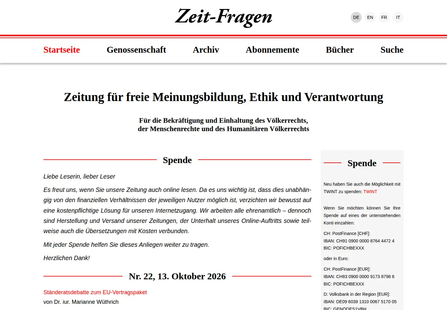 Captured homepage of zeit-fragen.ch in the current scan
