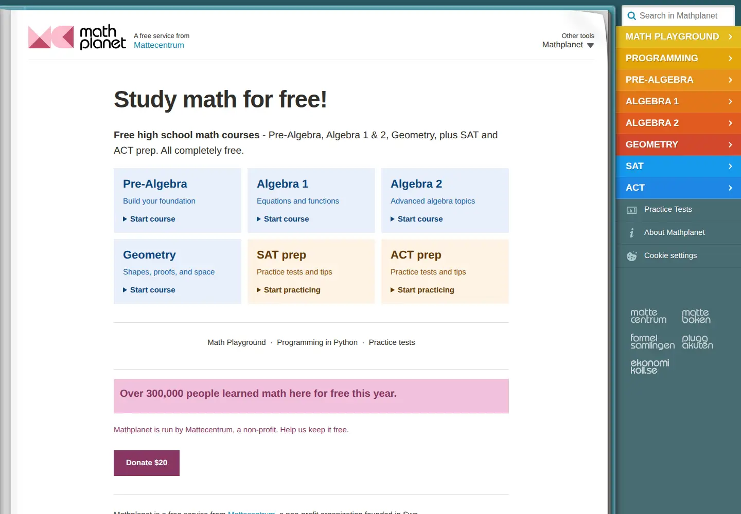 Screenshot of mathplanet.com