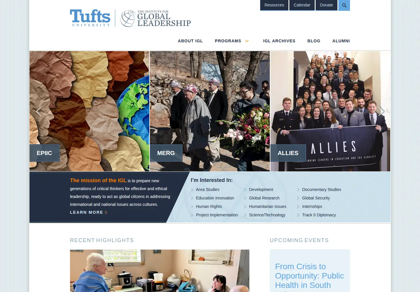 Captured homepage of tuftsgloballeadership.org in the current scan