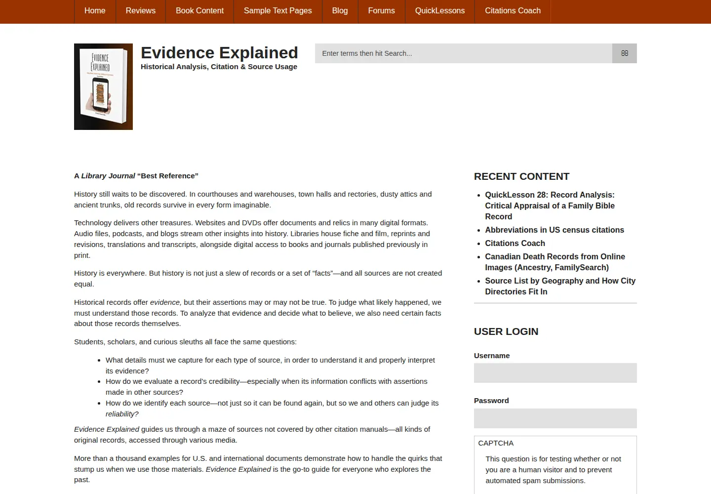 Screenshot of evidenceexplained.com