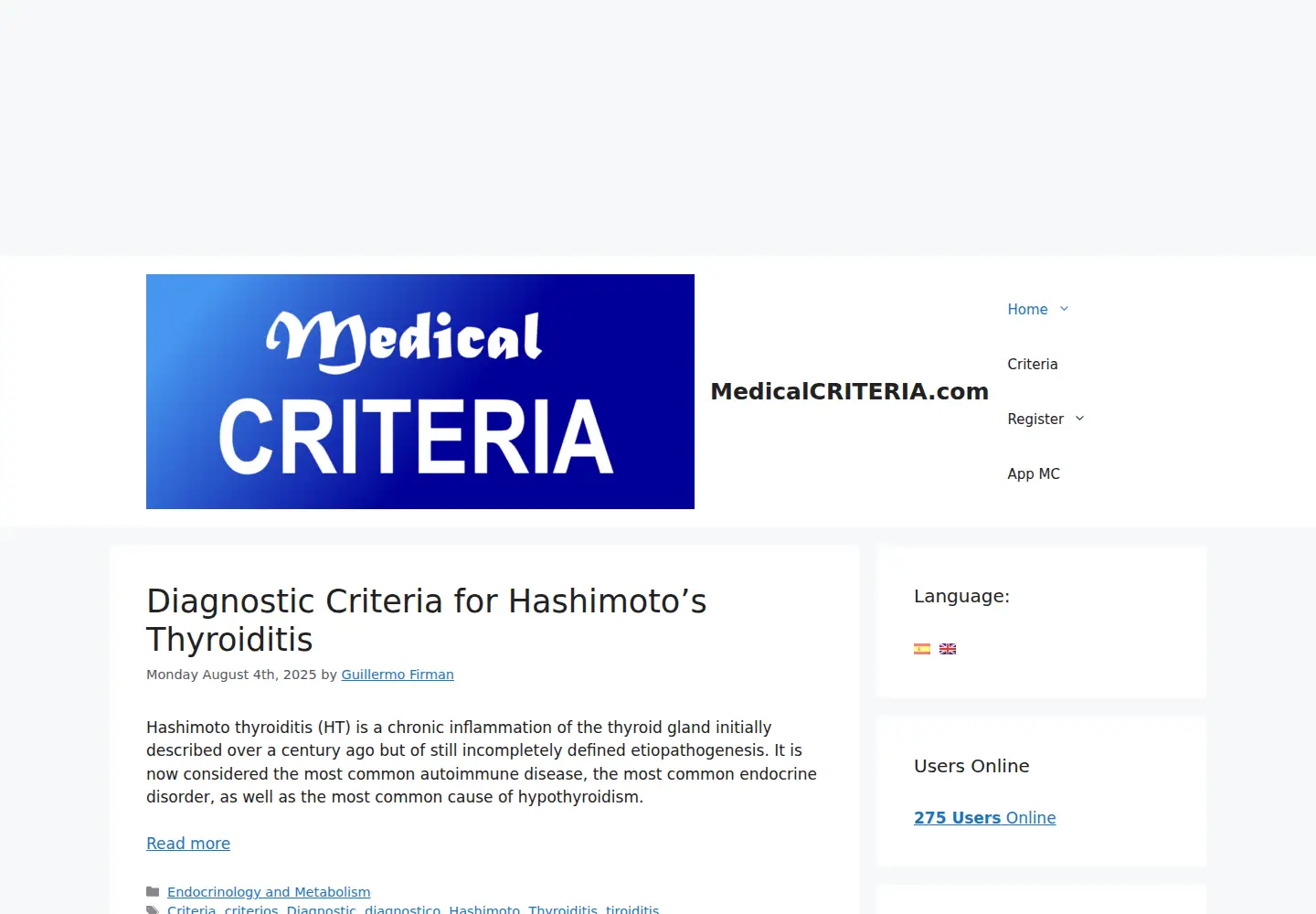 Captured homepage of medicalcriteria.com in the current scan
