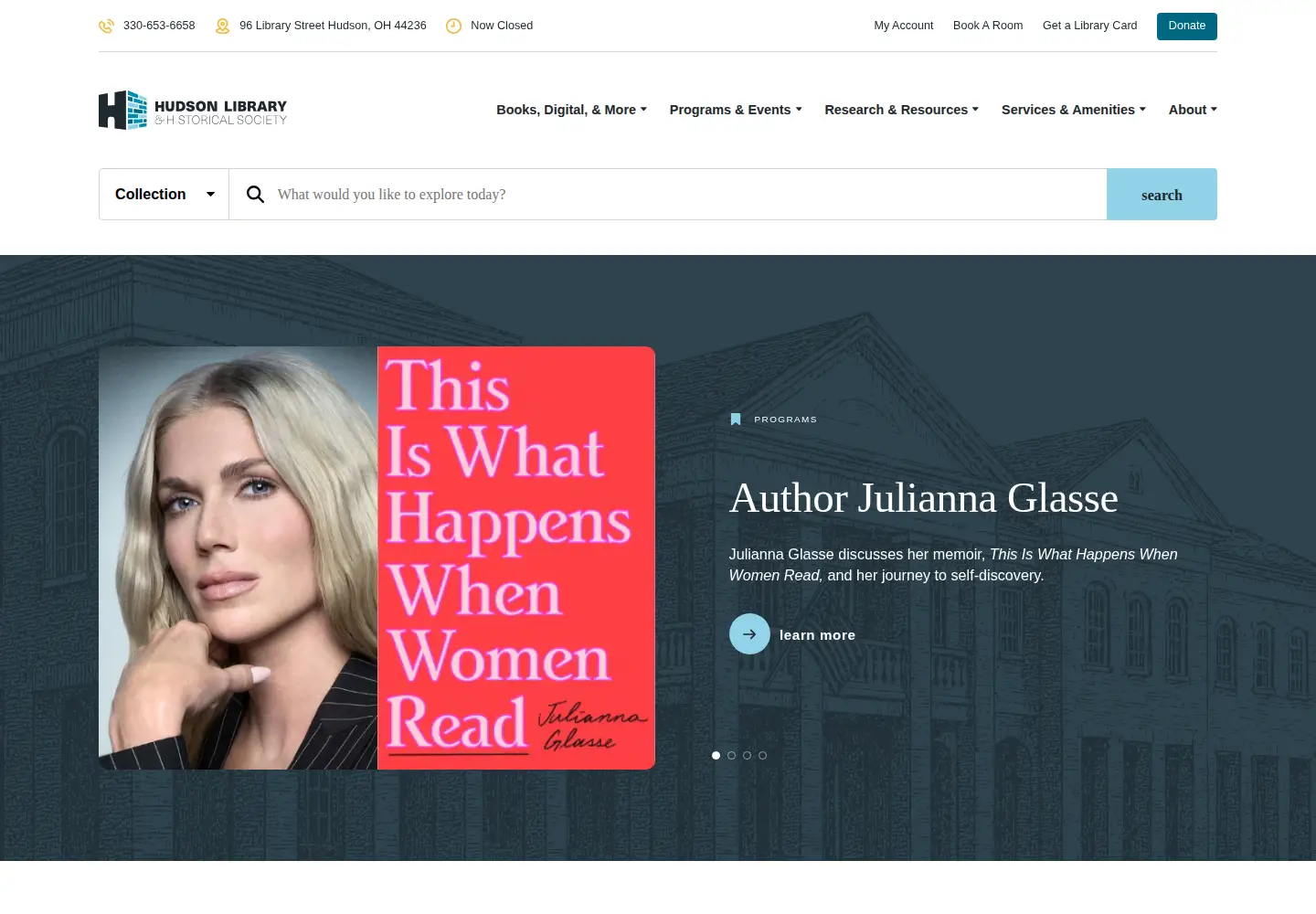 Captured homepage of hudsonlibrary.org in the current scan