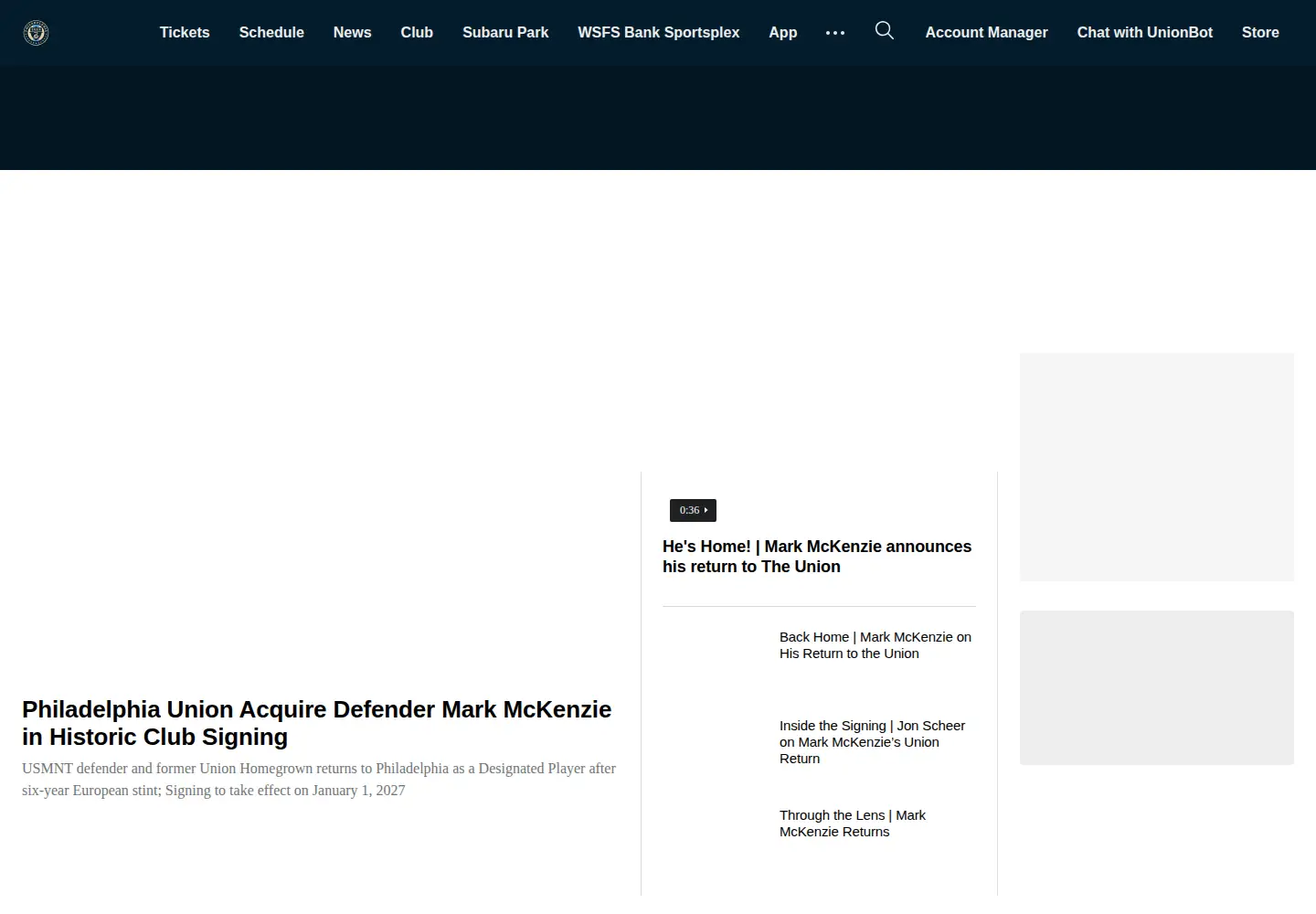 Captured homepage of philadelphiaunion.com in the current scan