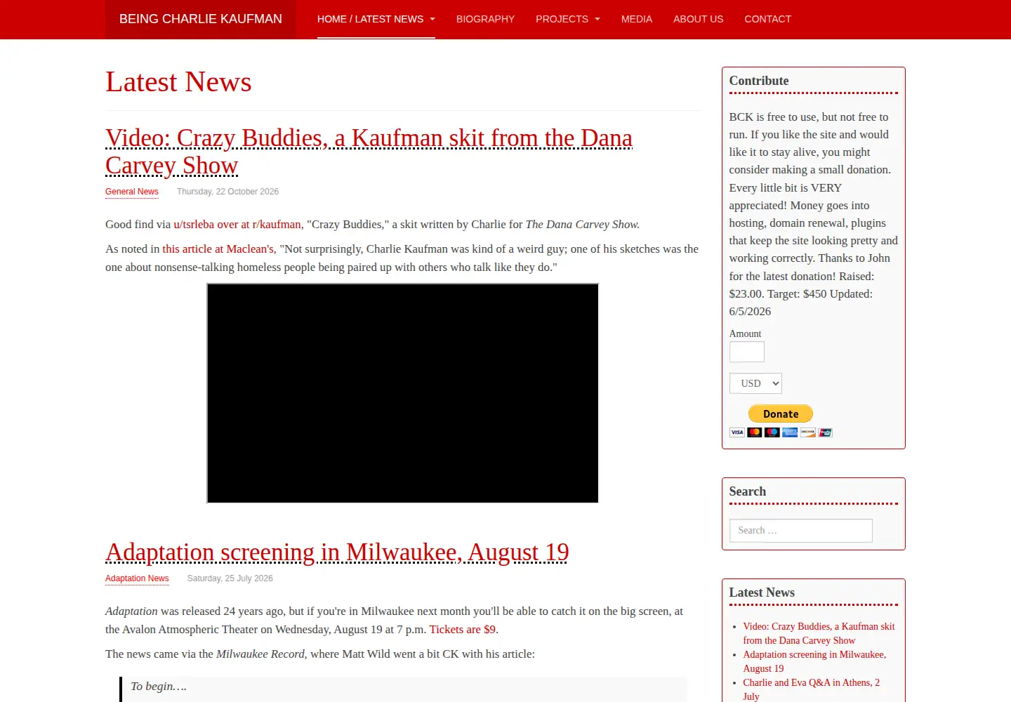 Screenshot of beingcharliekaufman.com