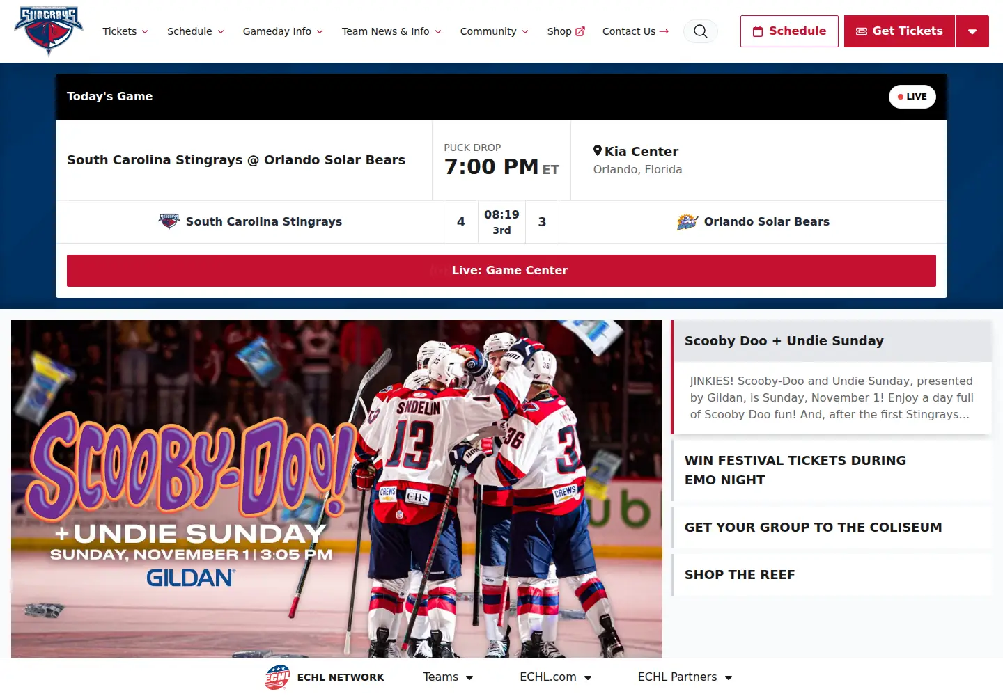 Captured homepage of stingrayshockey.com in the current scan
