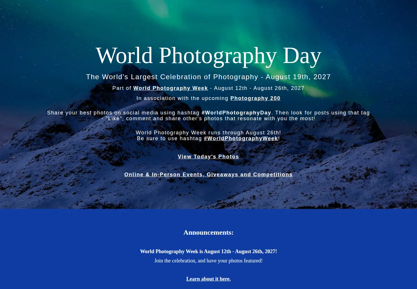 Captured homepage of worldphotographyday.com in the current scan