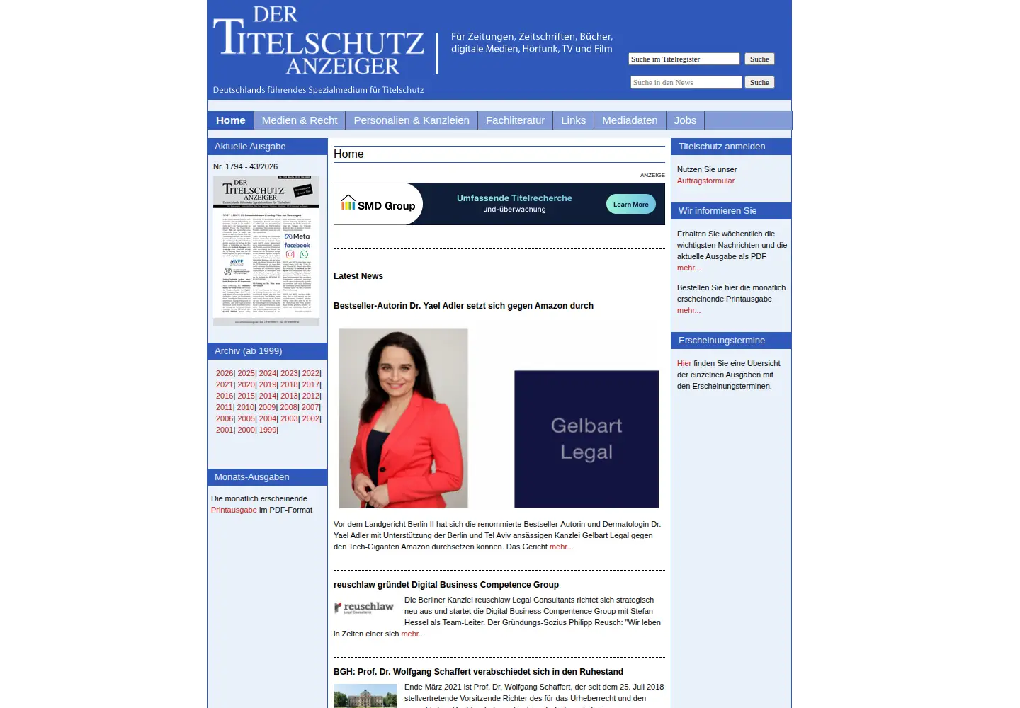Captured homepage of titelschutzanzeiger.de in the current scan