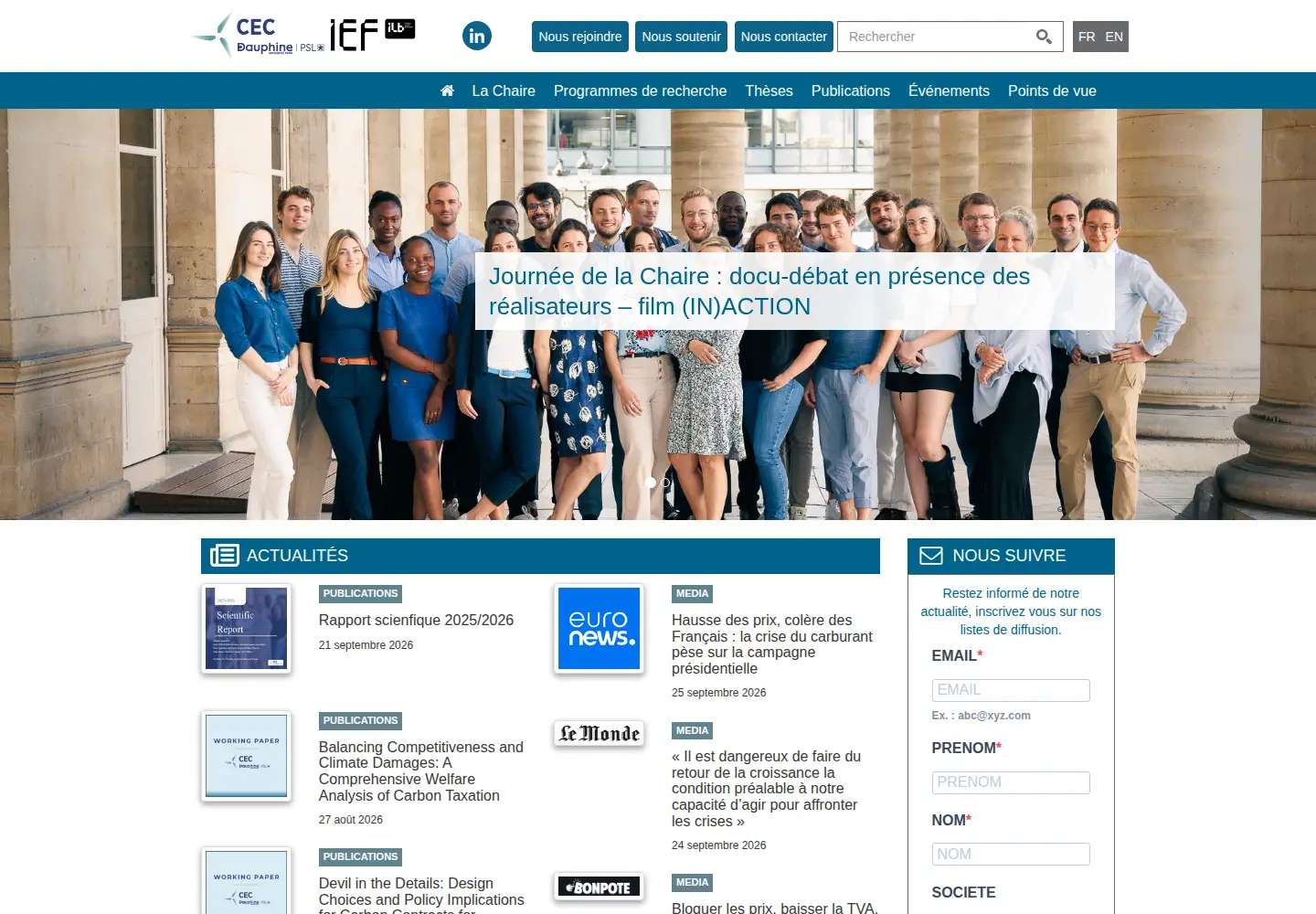 Captured homepage of chaireeconomieduclimat.org in the current scan