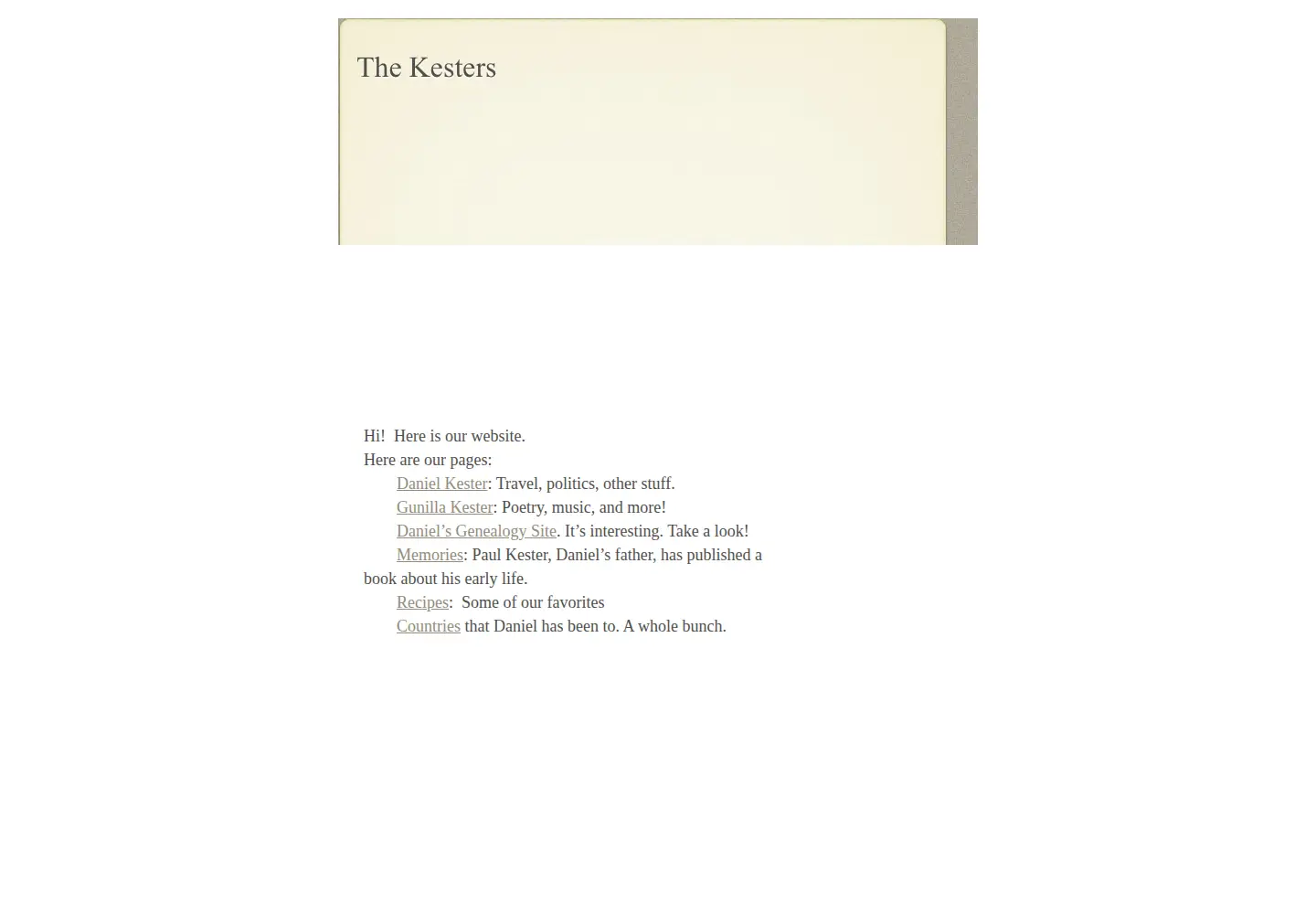 Captured homepage of thekesters.net in the current scan