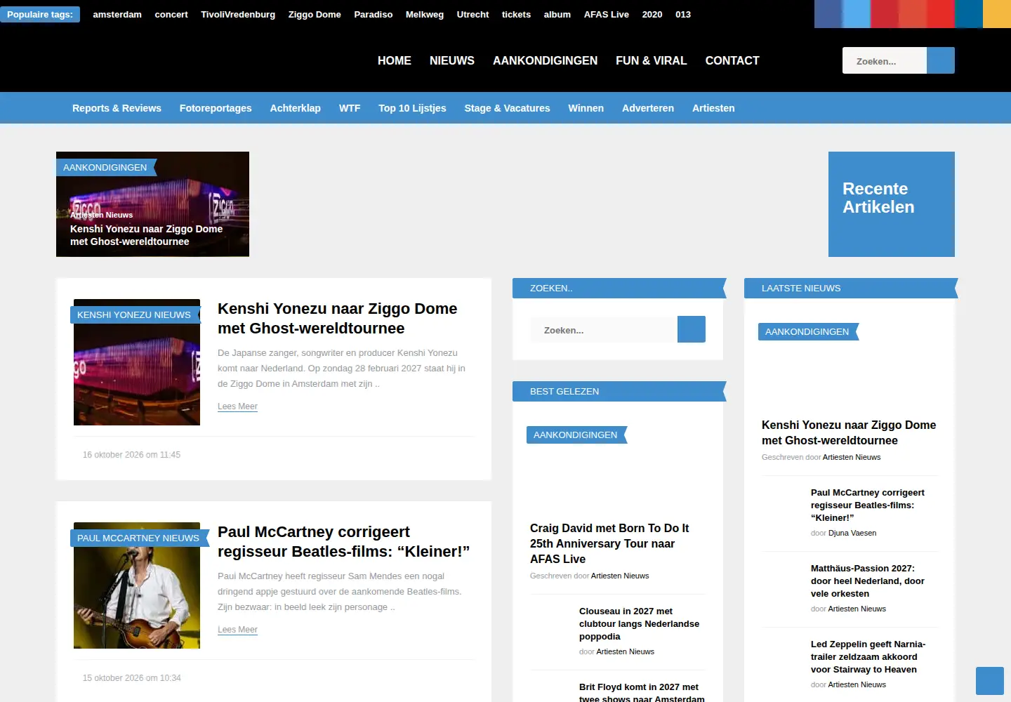 Screenshot of artiestennieuws.nl