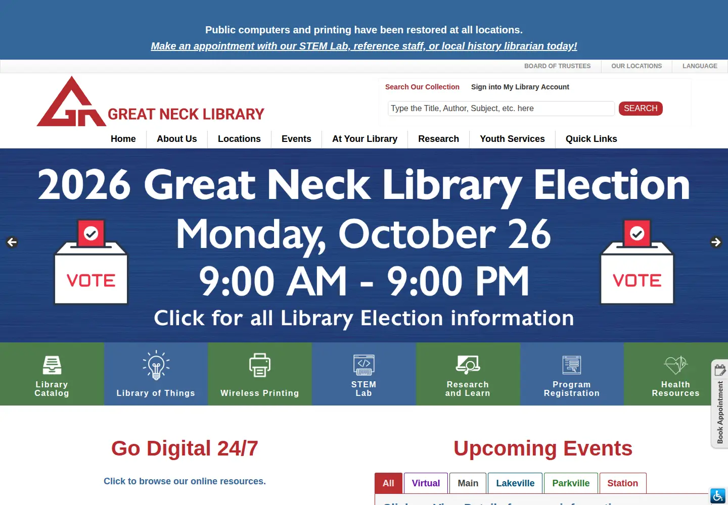 Captured homepage of greatnecklibrary.org in the current scan