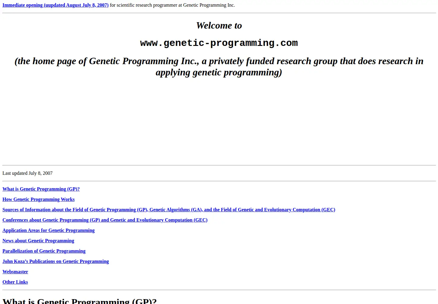 Captured homepage of genetic-programming.com in the current scan