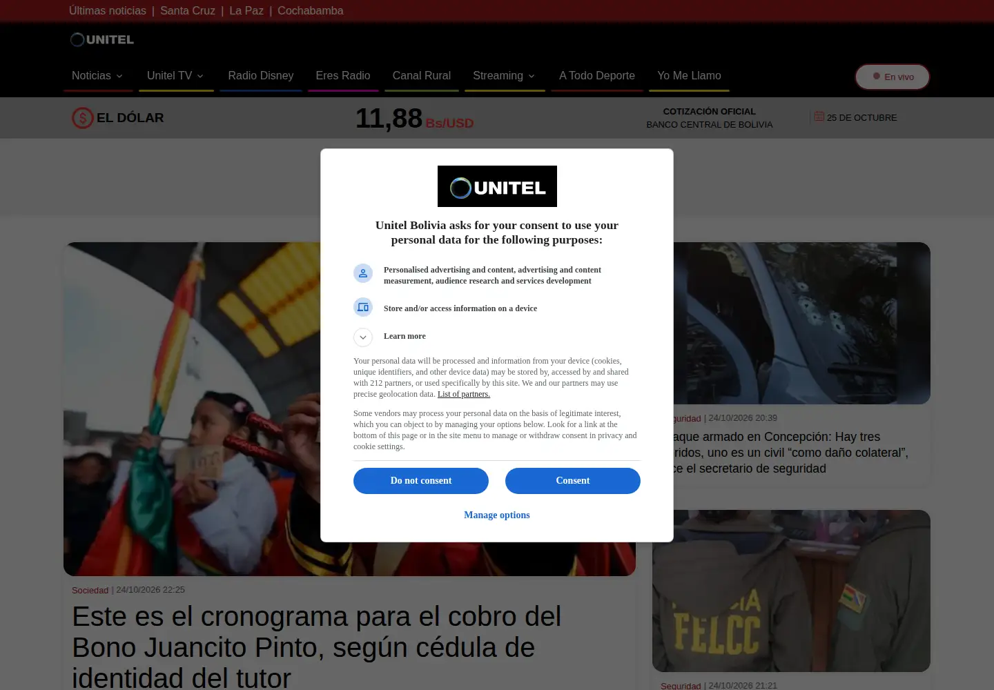 Captured homepage of unitel.bo in the current scan