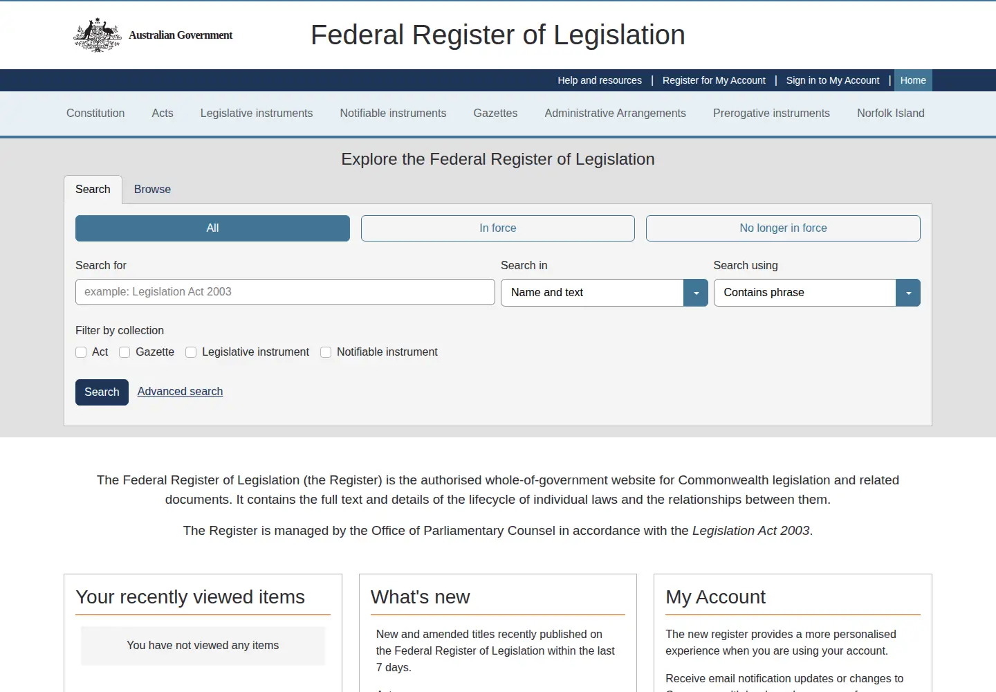 Screenshot of legislation.gov.au