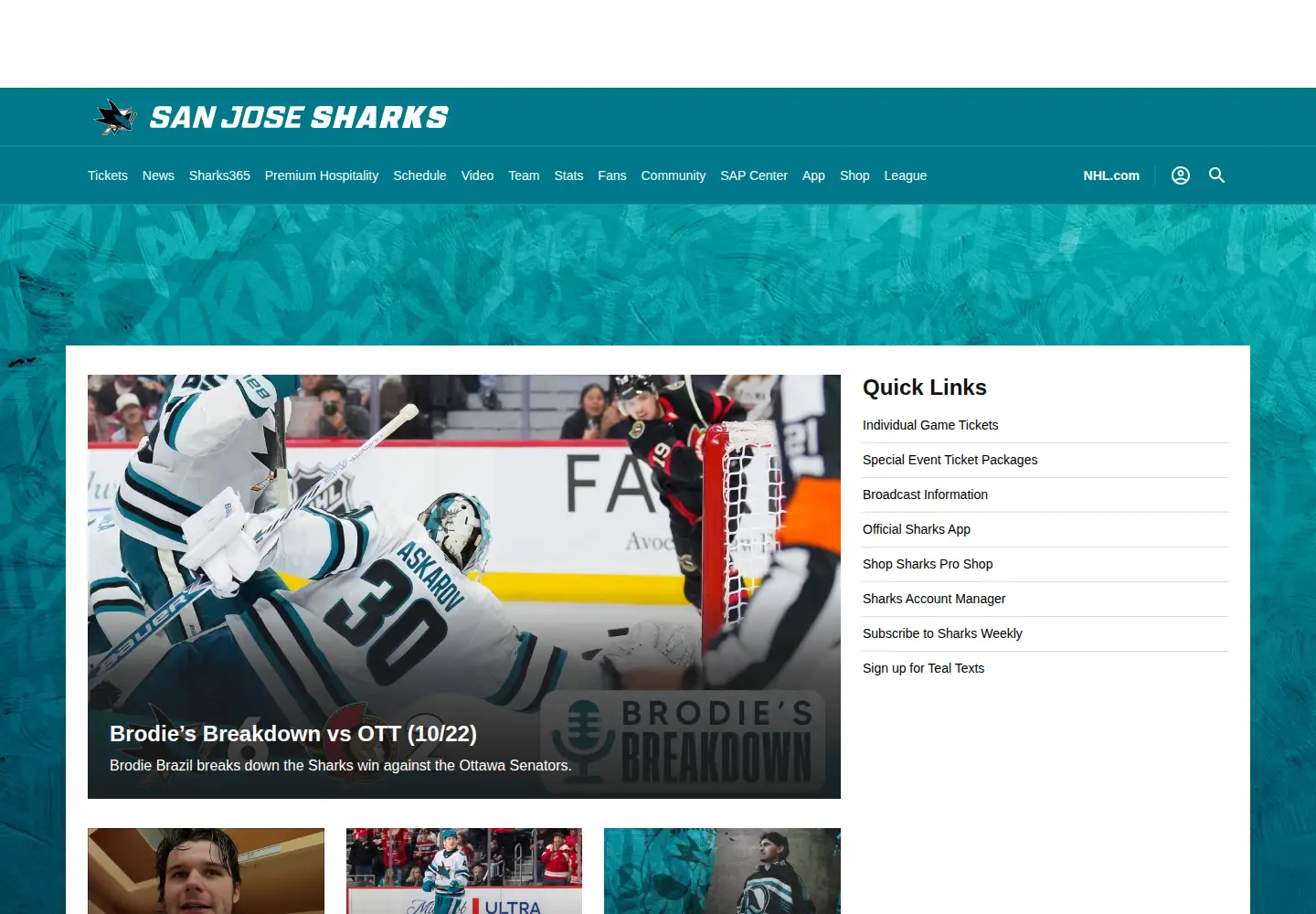 Captured homepage of sjsharks.com in the current scan