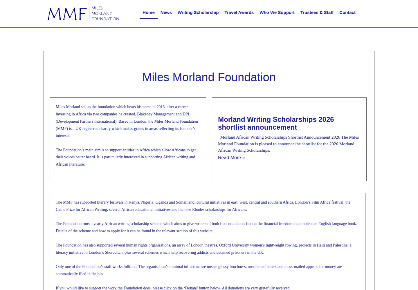 Screenshot of milesmorlandfoundation.com