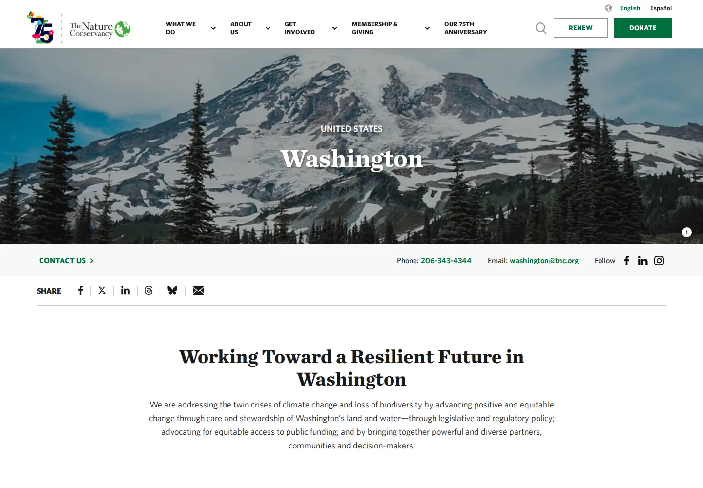 Captured homepage of washingtonnature.org in the current scan