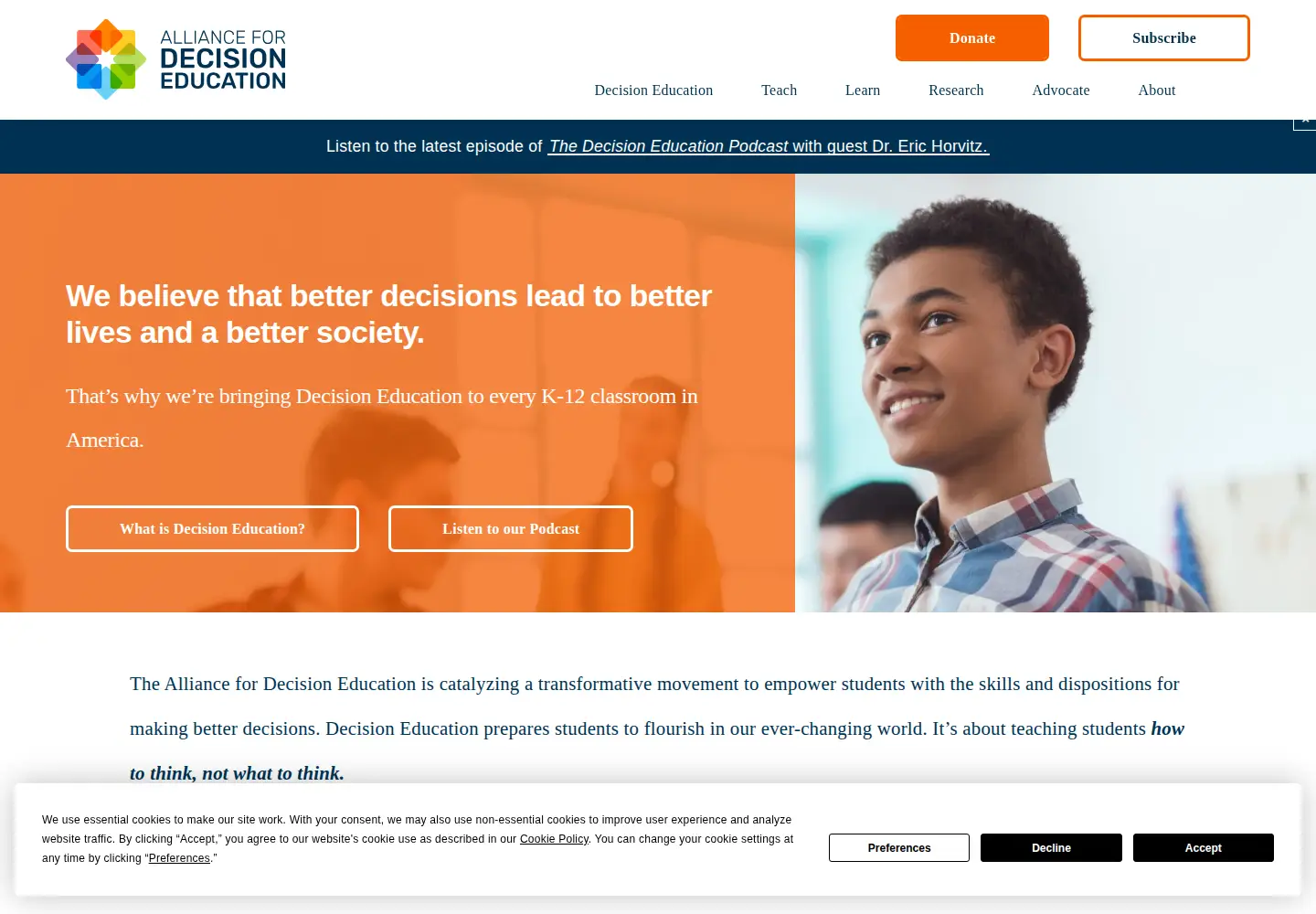 Screenshot of alliancefordecisioneducation.org
