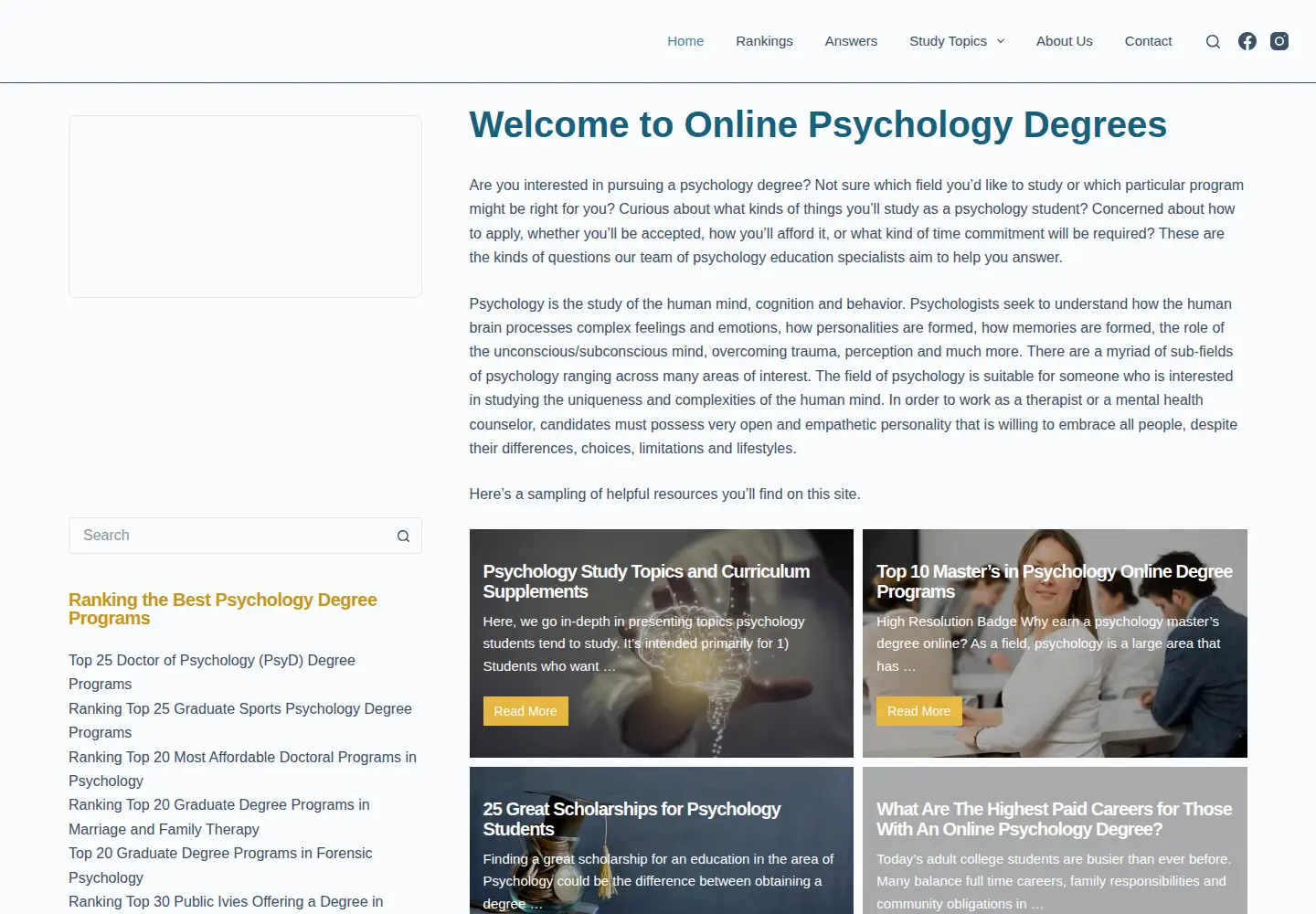 Captured homepage of online-psychology-degrees.org in the current scan