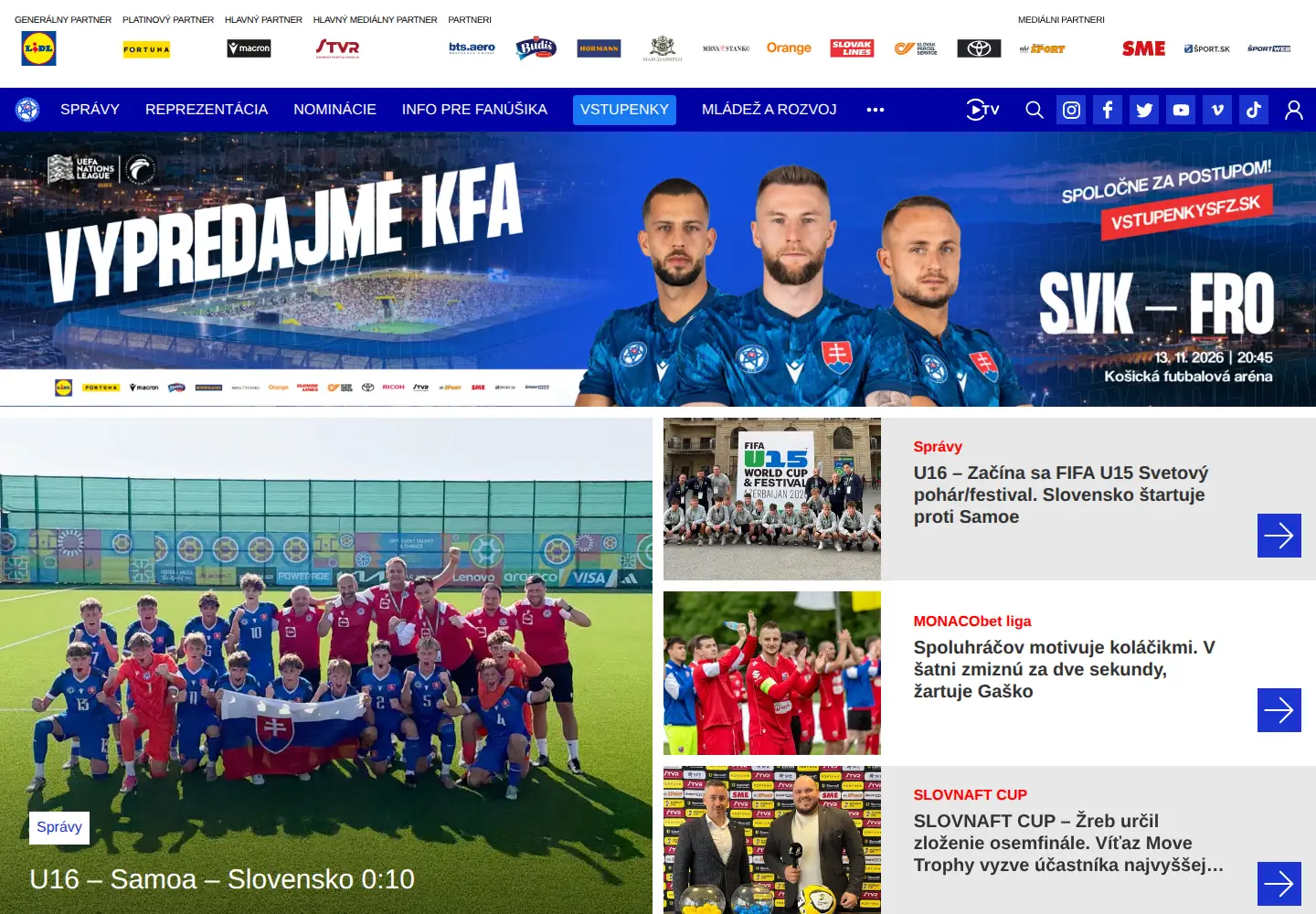 Captured homepage of futbalsfz.sk in the current scan