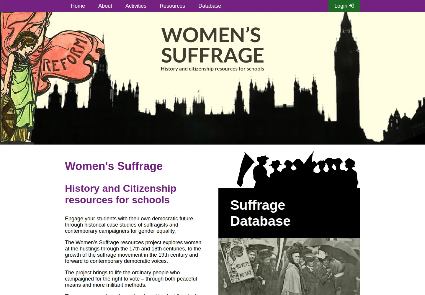 Captured homepage of suffrageresources.org.uk in the current scan