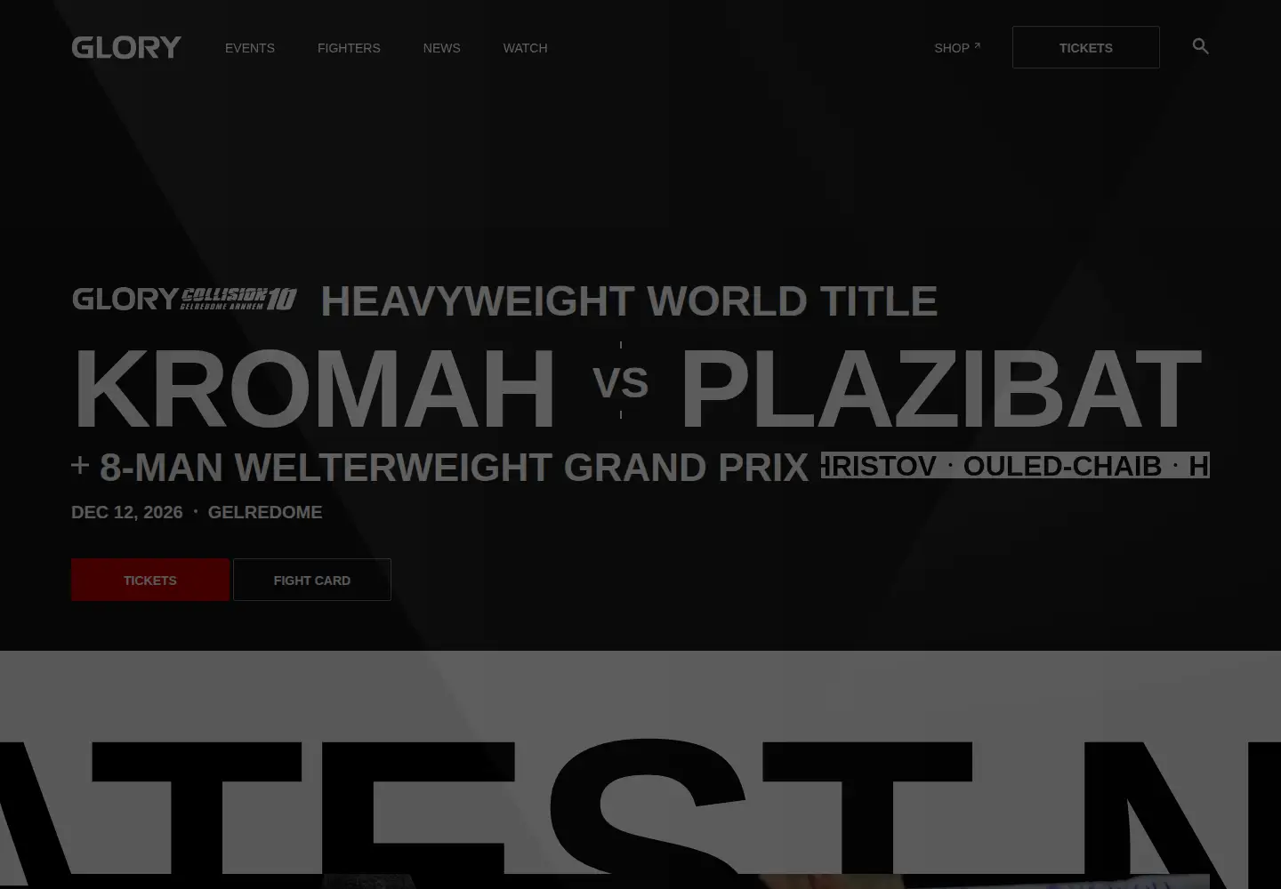 Captured homepage of glorykickboxing.com in the current scan