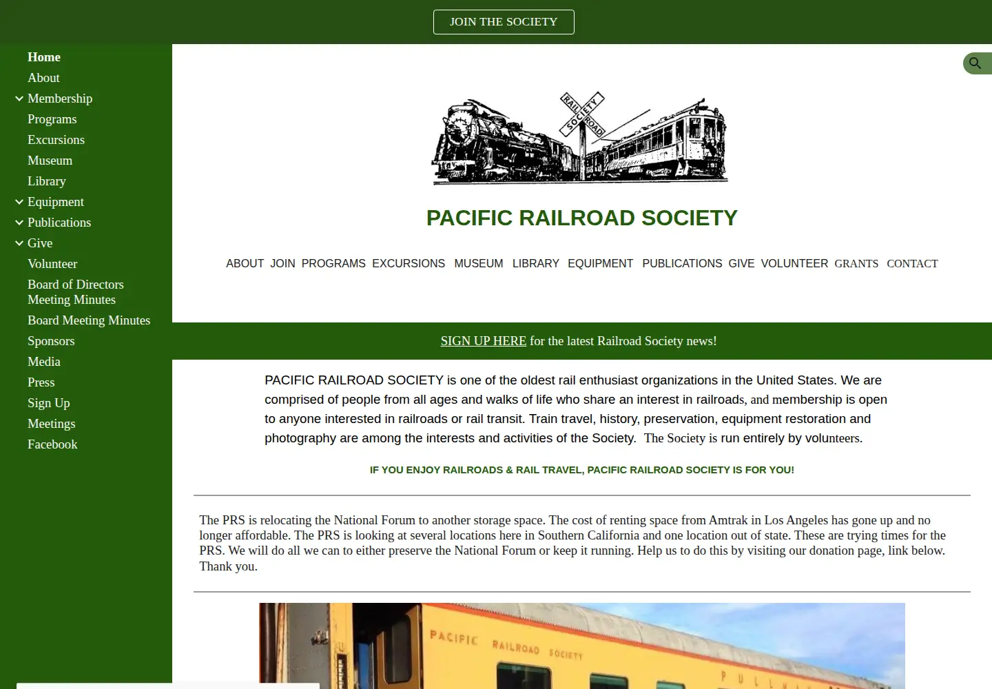 Captured homepage of pacificrailroadsociety.org in the current scan