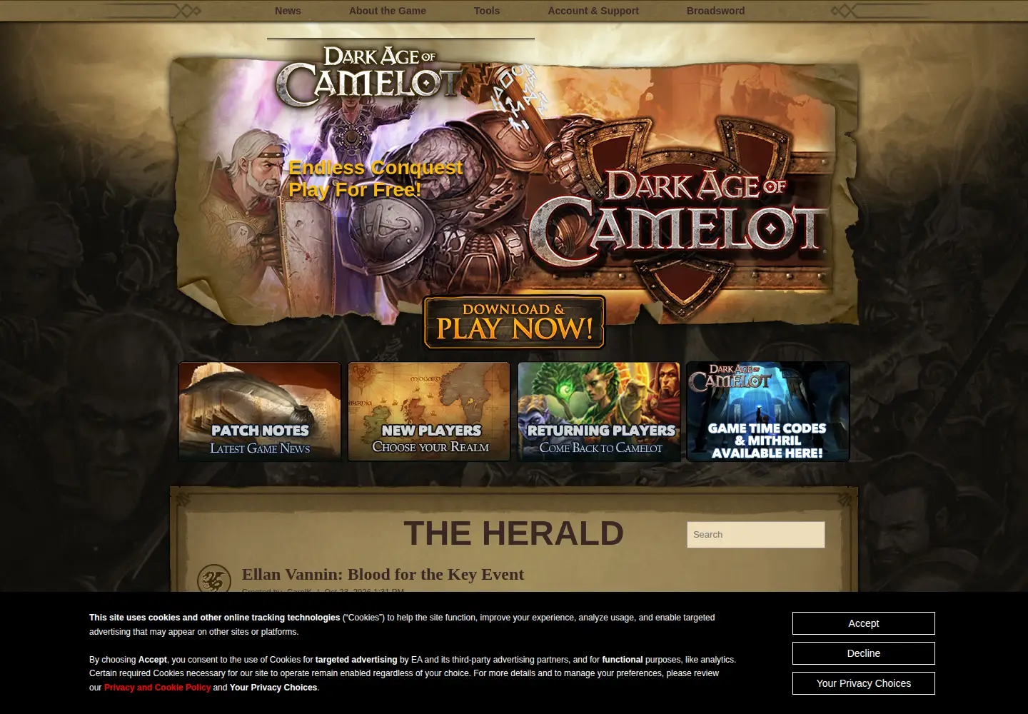 Captured homepage of darkageofcamelot.com in the current scan