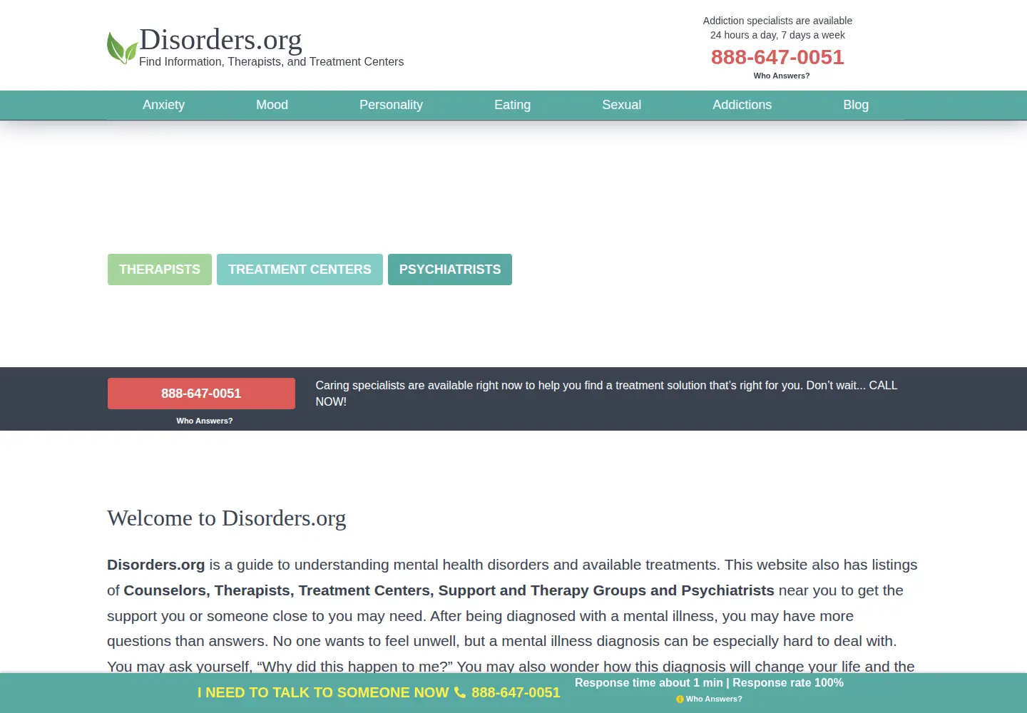 Captured homepage of disorders.org in the current scan