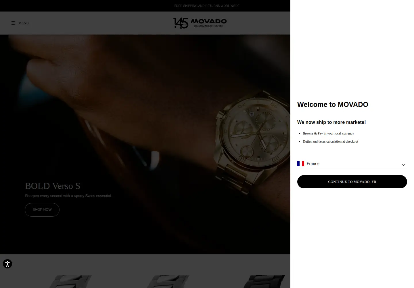 Captured homepage of movado.com in the current scan