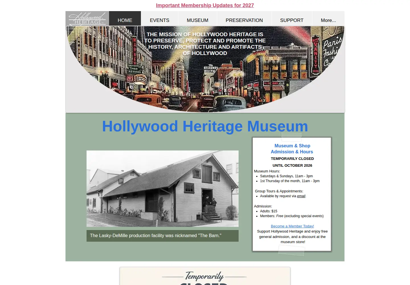 Captured homepage of hollywoodheritage.org in the current scan