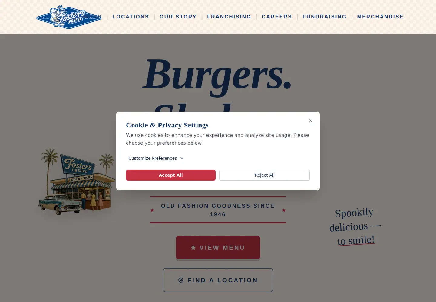 Captured homepage of fostersfreeze.com in the current scan