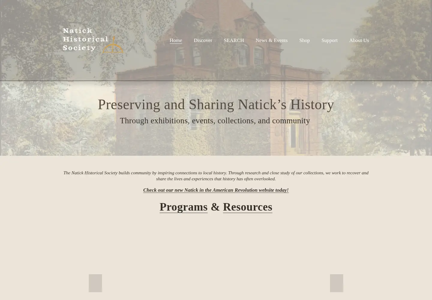 Captured homepage of natickhistoricalsociety.org in the current scan