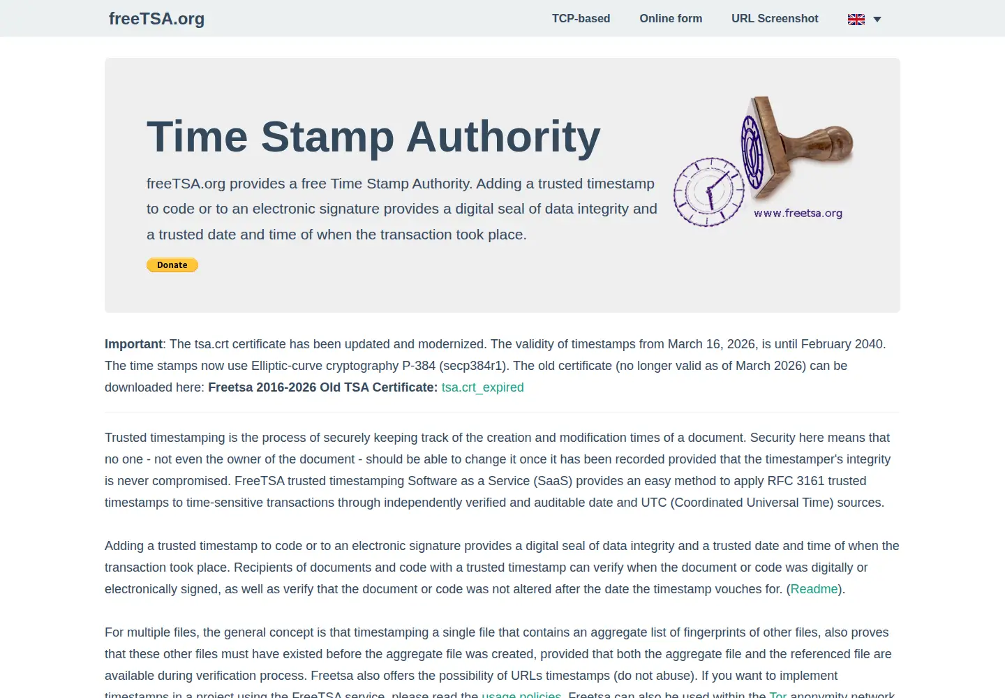 Screenshot of freetsa.org