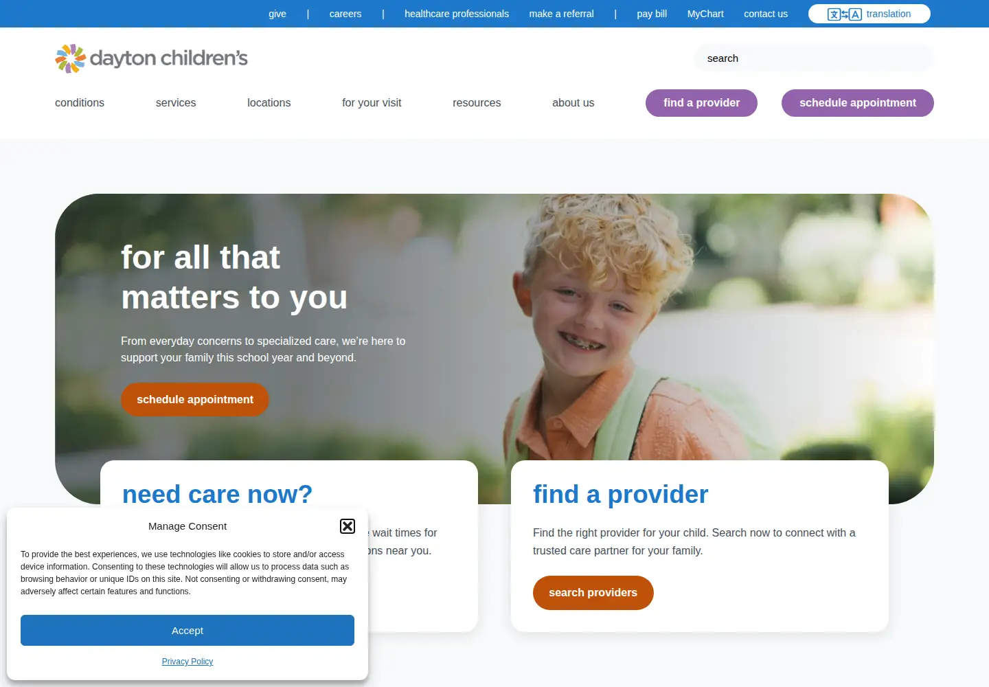 Captured homepage of childrensdayton.org in the current scan