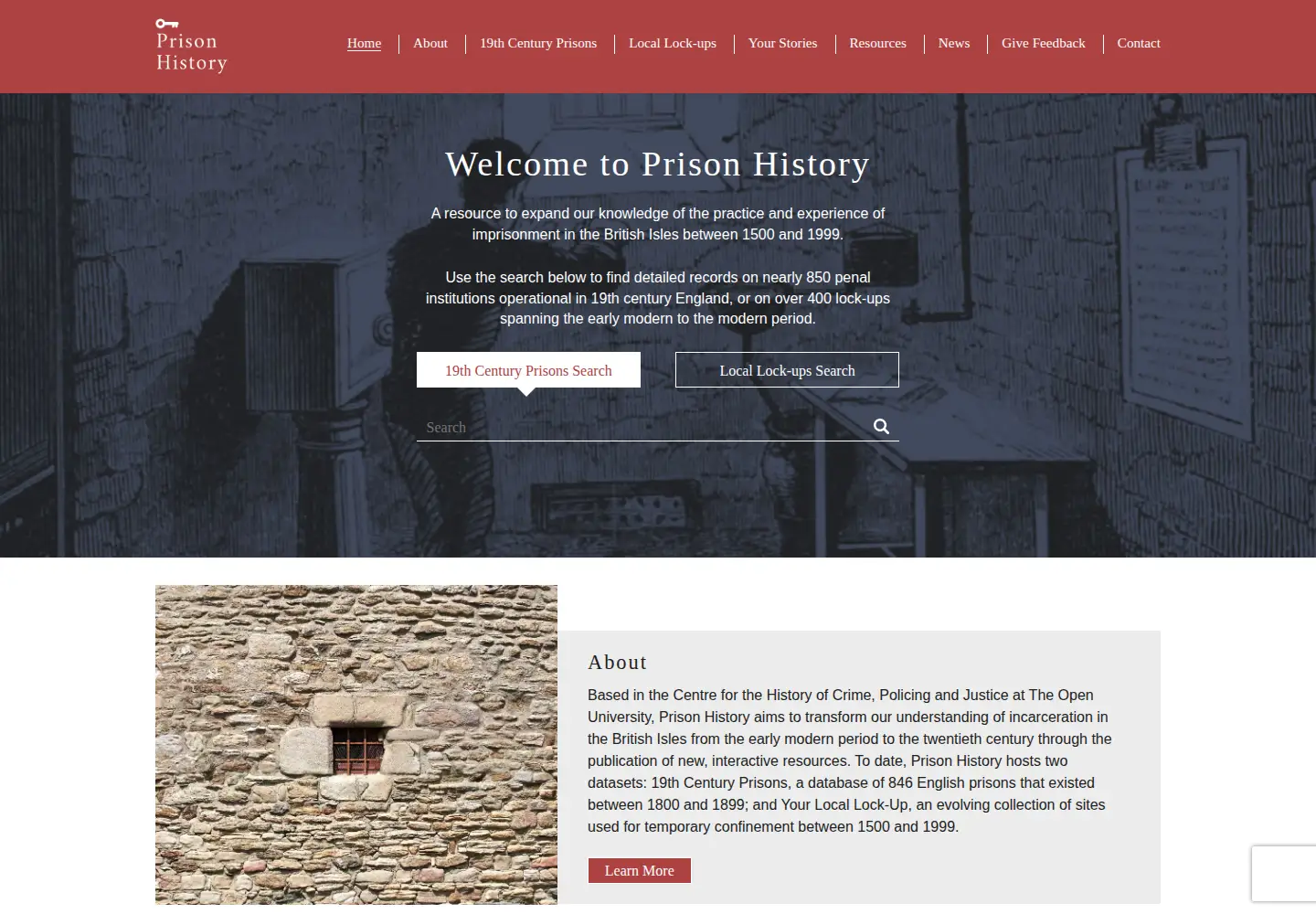 Captured homepage of prisonhistory.org in the current scan