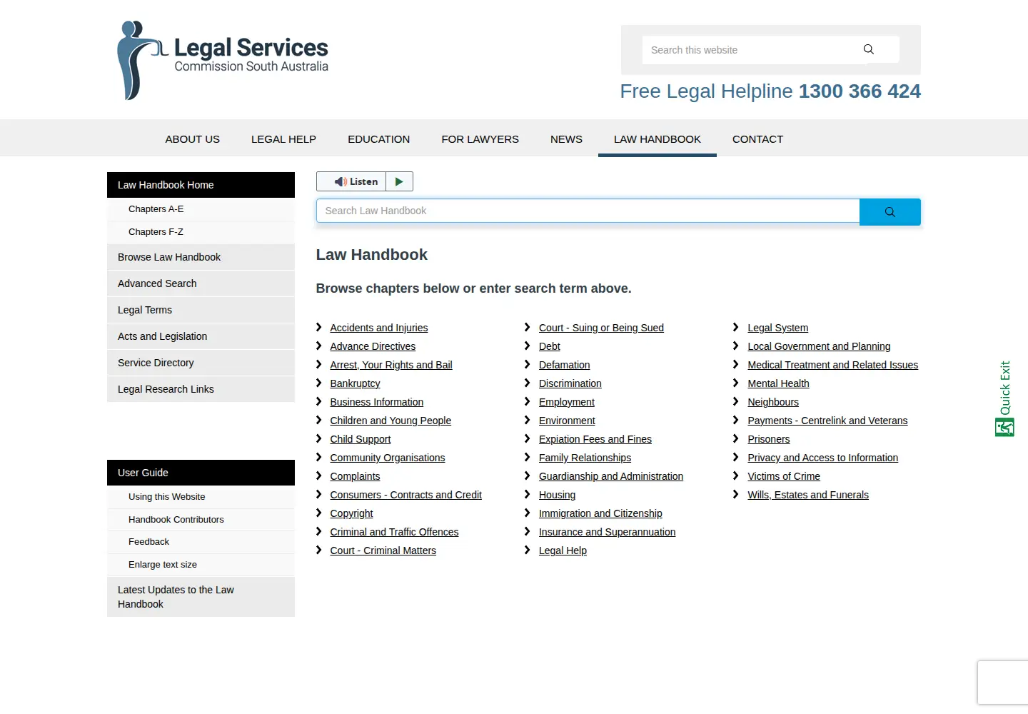 Captured homepage of lawhandbook.sa.gov.au in the current scan