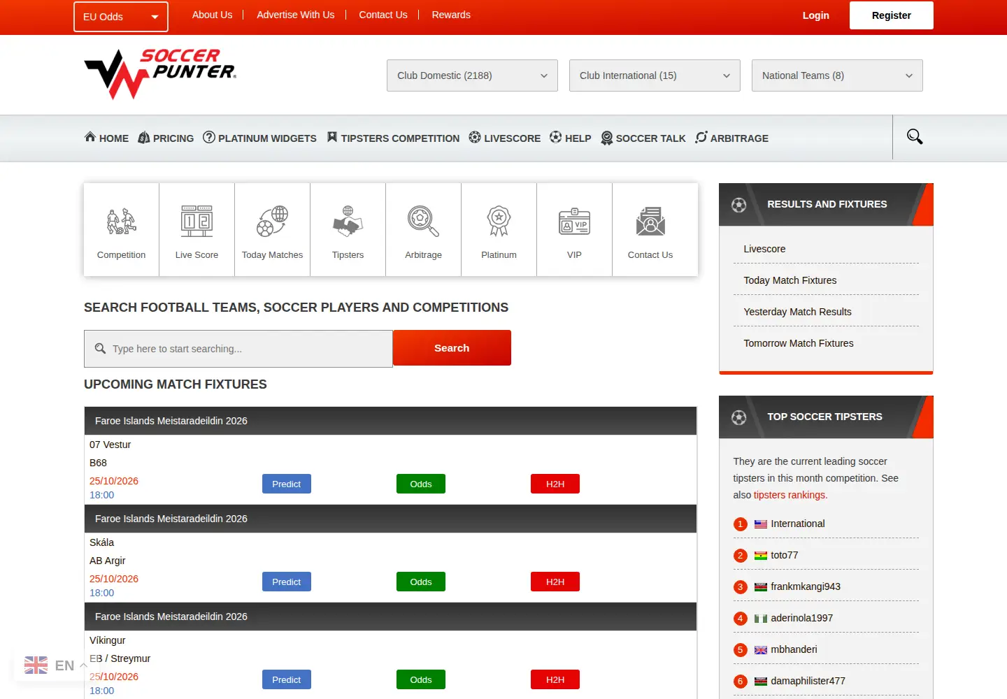Captured homepage of soccerpunter.com in the current scan