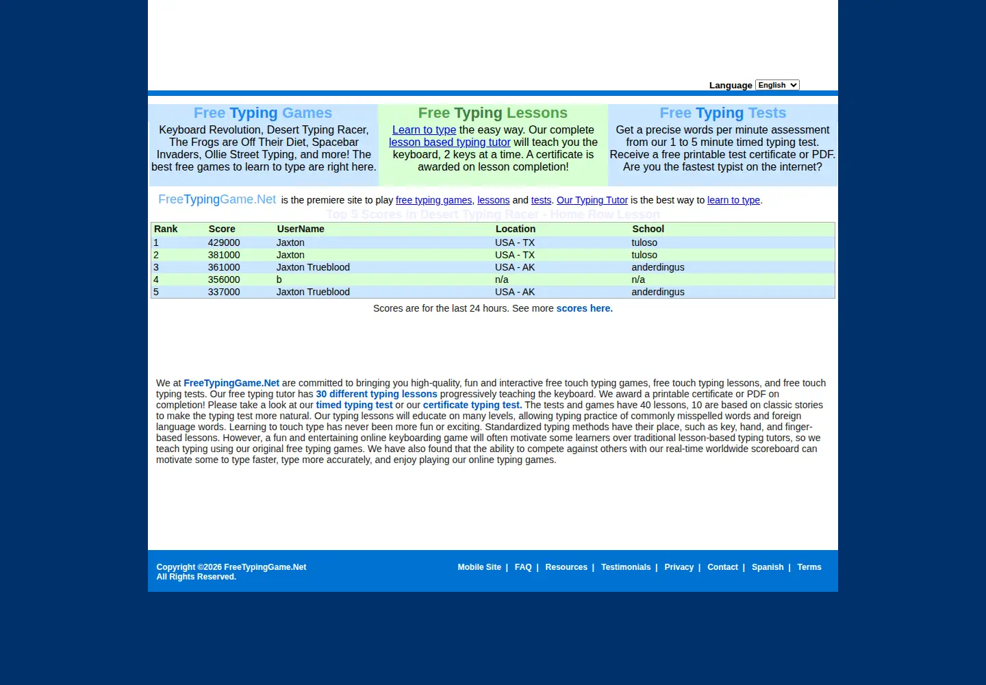 Screenshot of freetypinggame.net