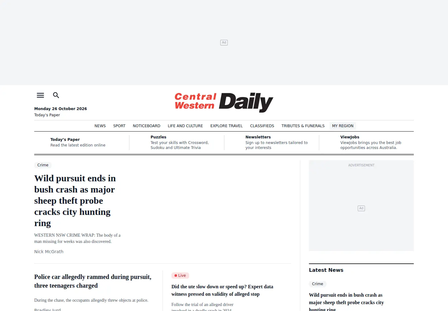 Captured homepage of centralwesterndaily.com.au in the current scan