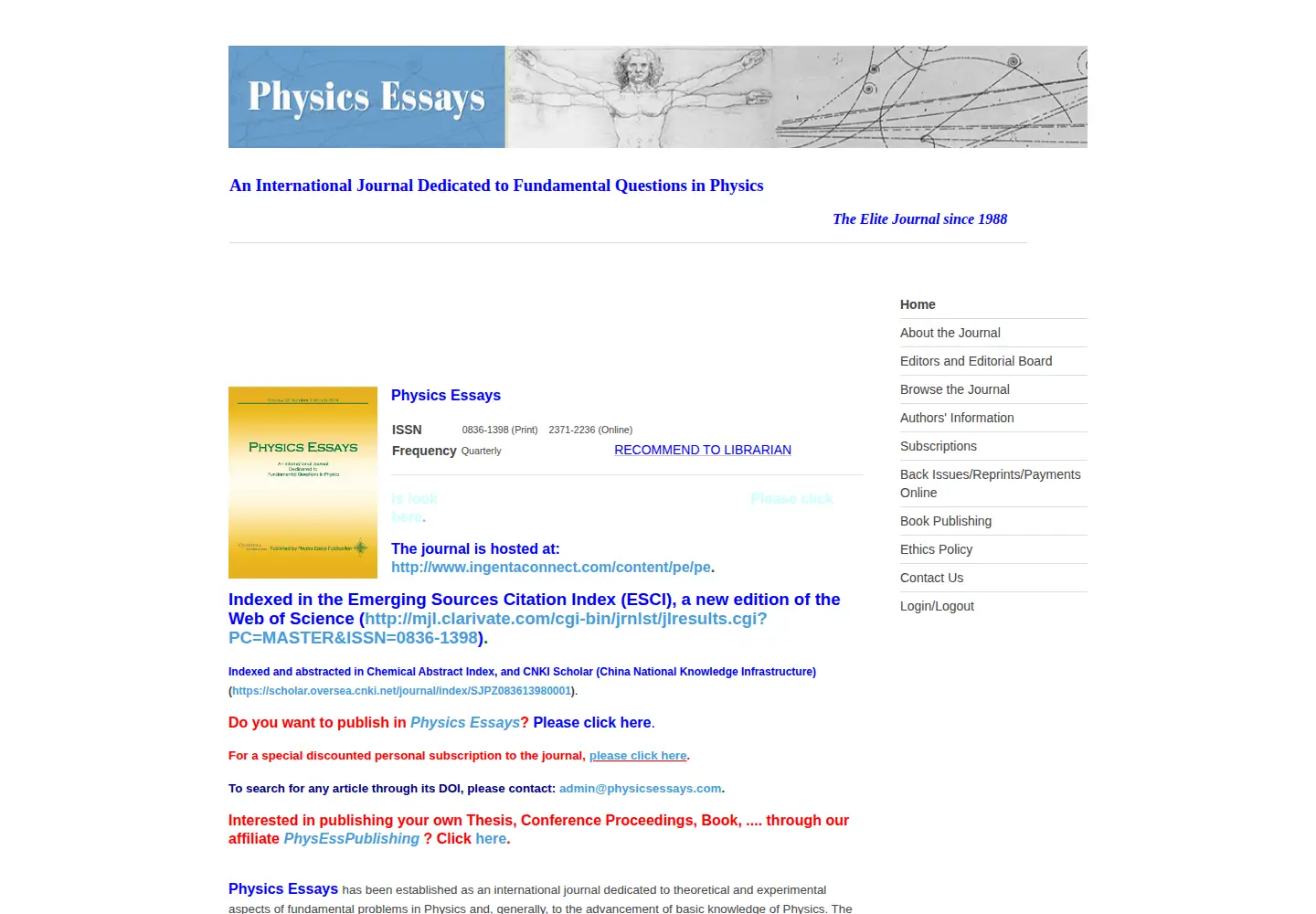 Captured homepage of physicsessays.org in the current scan