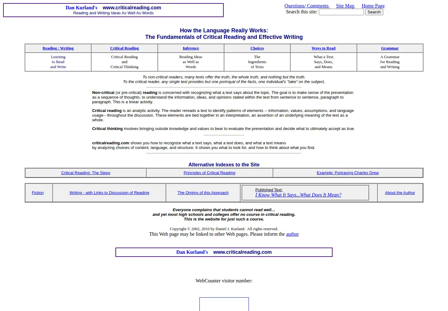 Captured homepage of criticalreading.com in the current scan