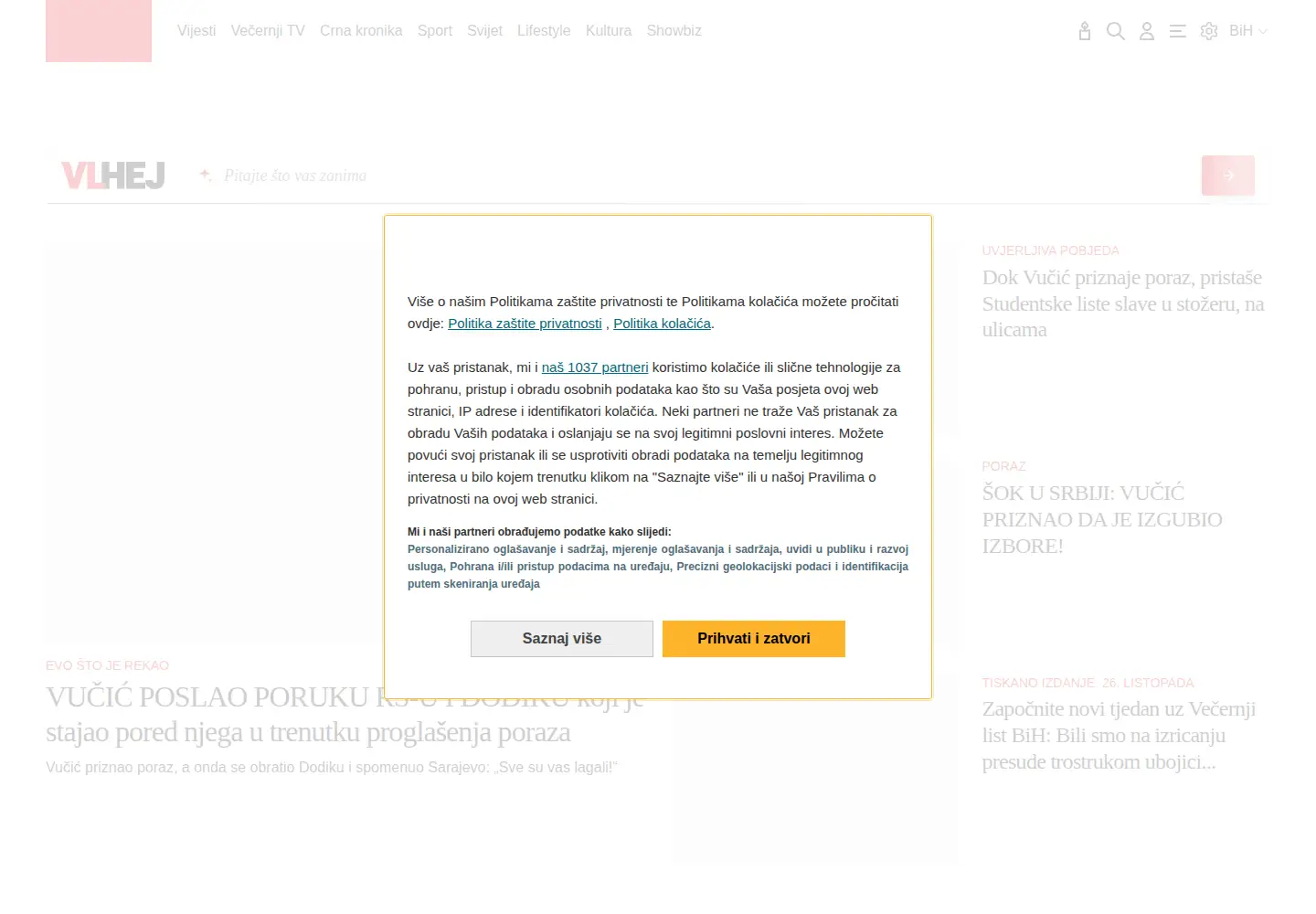 Captured homepage of vecernji.ba in the current scan